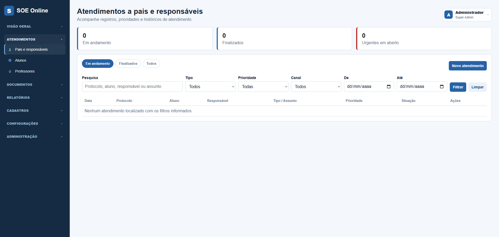 Tela de atendimento a pais e responsáveis no SOE Online