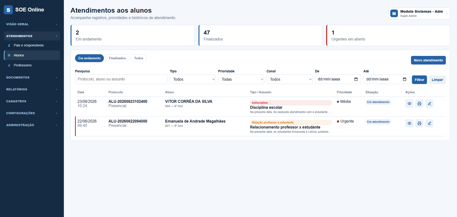 Tela de histórico de atendimentos por aluno no SOE Online