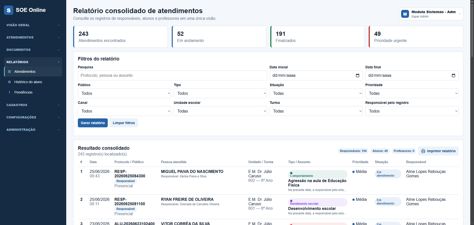 Relatório consolidado de atendimentos no SOE Online
